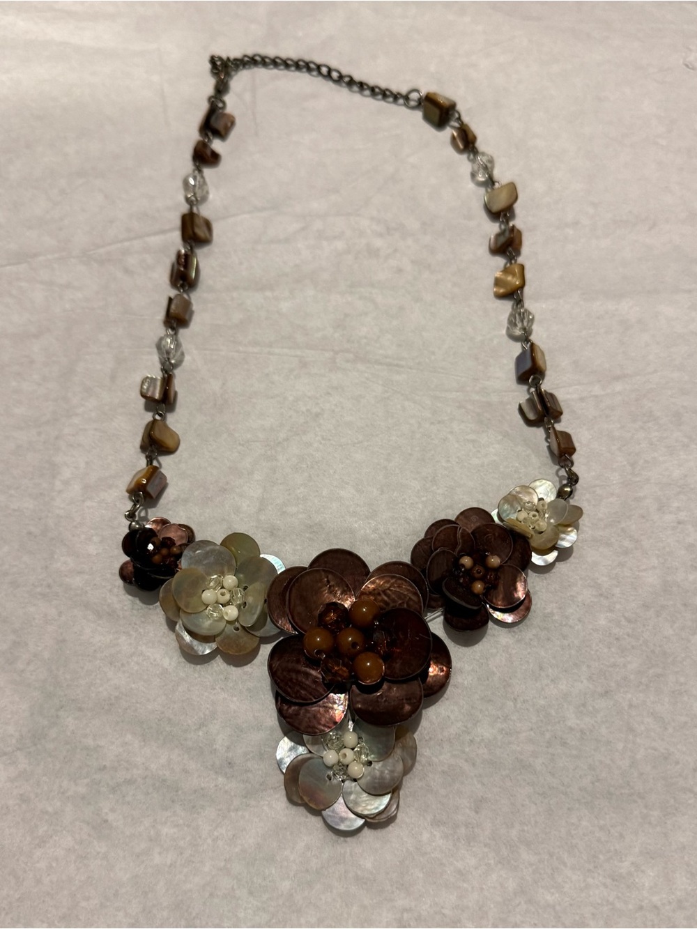 Copper Brown and Cream Floral Statement Necklace. Very feminine yet bold.